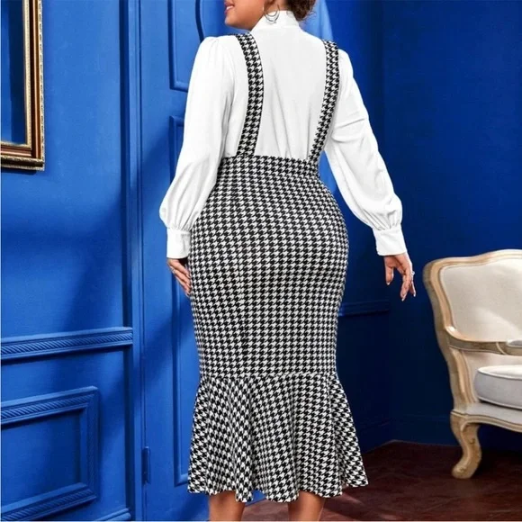 Mermaid Hem Skirt with suspenders Houndstooth Print - Picture 8 of 9